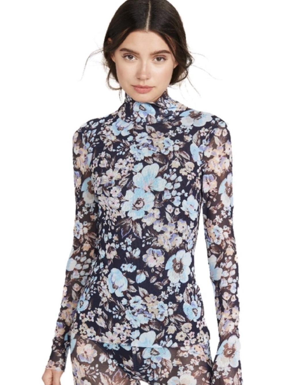 Sheer Floral Mock-Neck Long-Sleeve Blouse in Navy and Light Blue